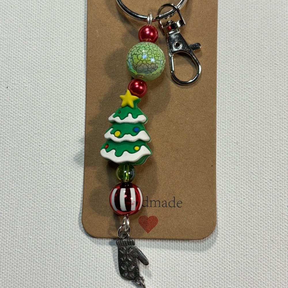 Festive Christmas Tree Keychain with Red and Green Beads